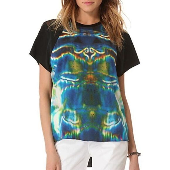 Theyskins’ Theory Graphic Silk Shirt in Black Blue Multi Small - Picture 1 of 8